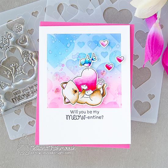 Kitty Valentine Card with Heart Bokeh Background by Tatiana Trafimovich | Newton's Valentine Stamp Set Stamp Set and Bokeh Hearts Stencil Set by Newton's Nook Designs #newtonsnook #handmade