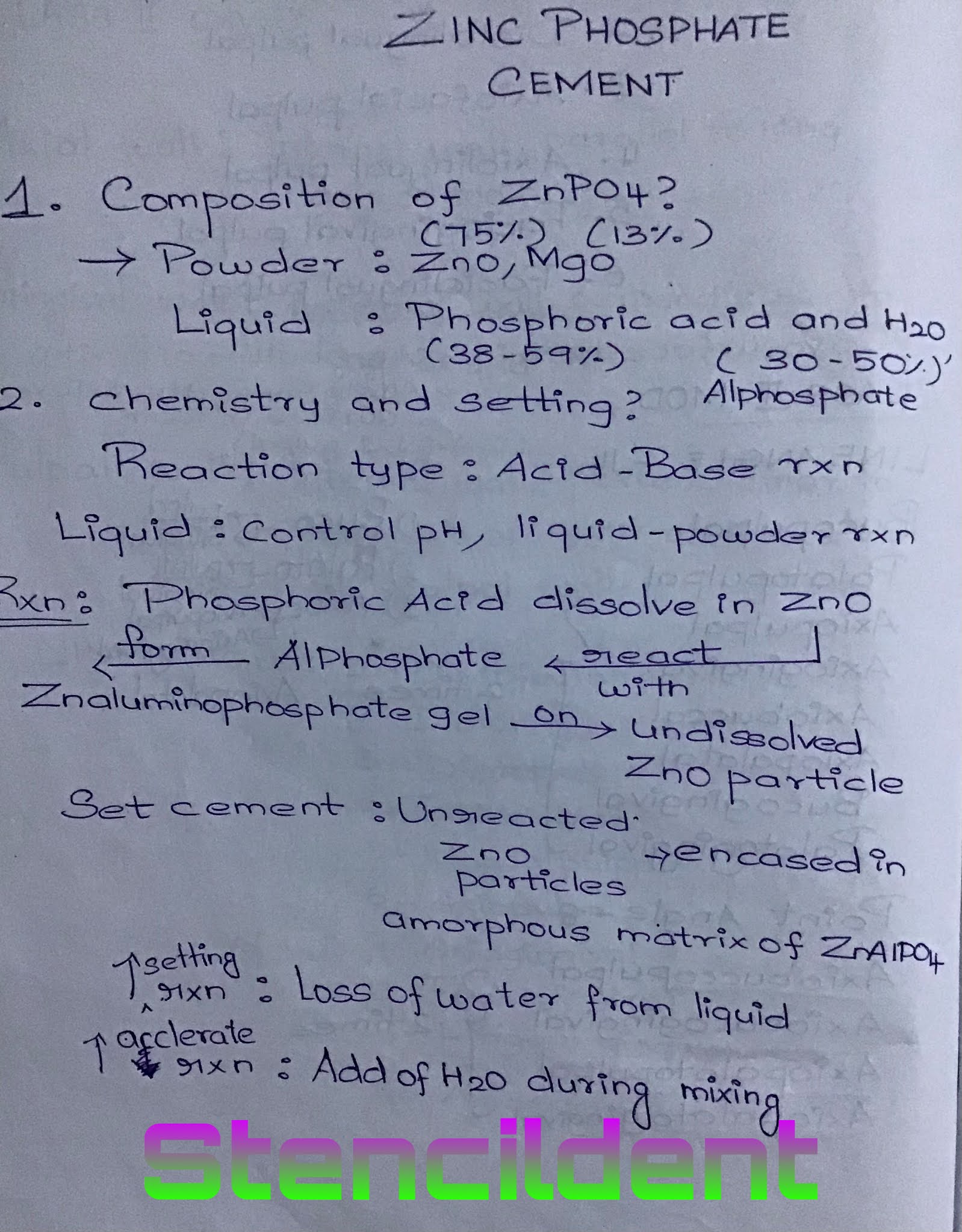 ZINC PHOSPHATE CEMENT REACTION