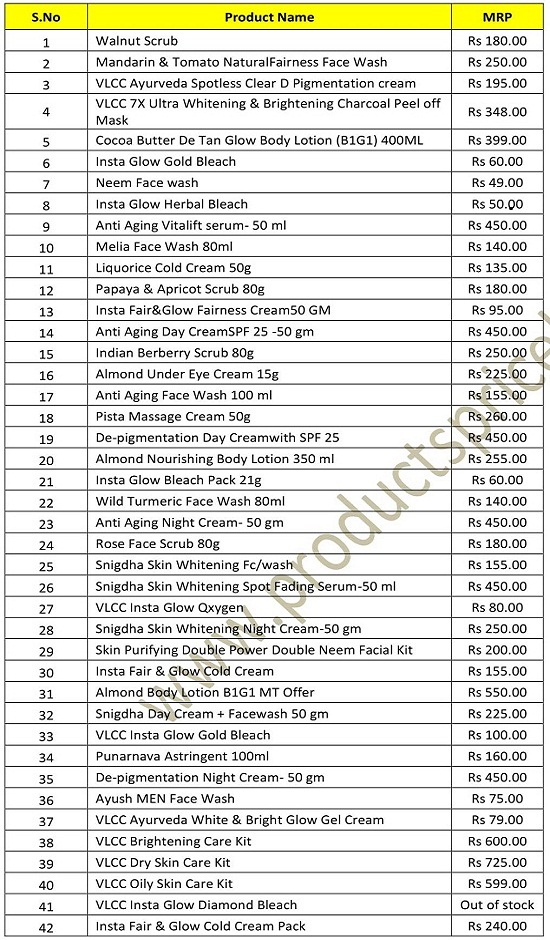  VLCC Skin Care products price list