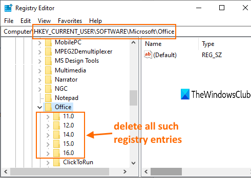 ลบรีจิสตรีคีย์ภายใต้คีย์รีจิสตรีของ Office