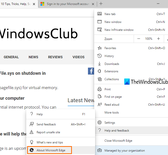 ouvrir la page à propos de Microsoft Edge pour mettre à jour le navigateur