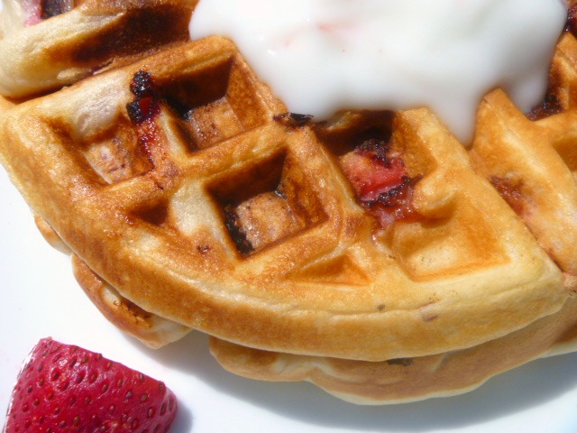 Strawberry Vanilla Waffles with Yogurt - These waffles are bursting with strawberries inside, along with a hint of vanilla. The perfect breakfast! - Slice of Southern