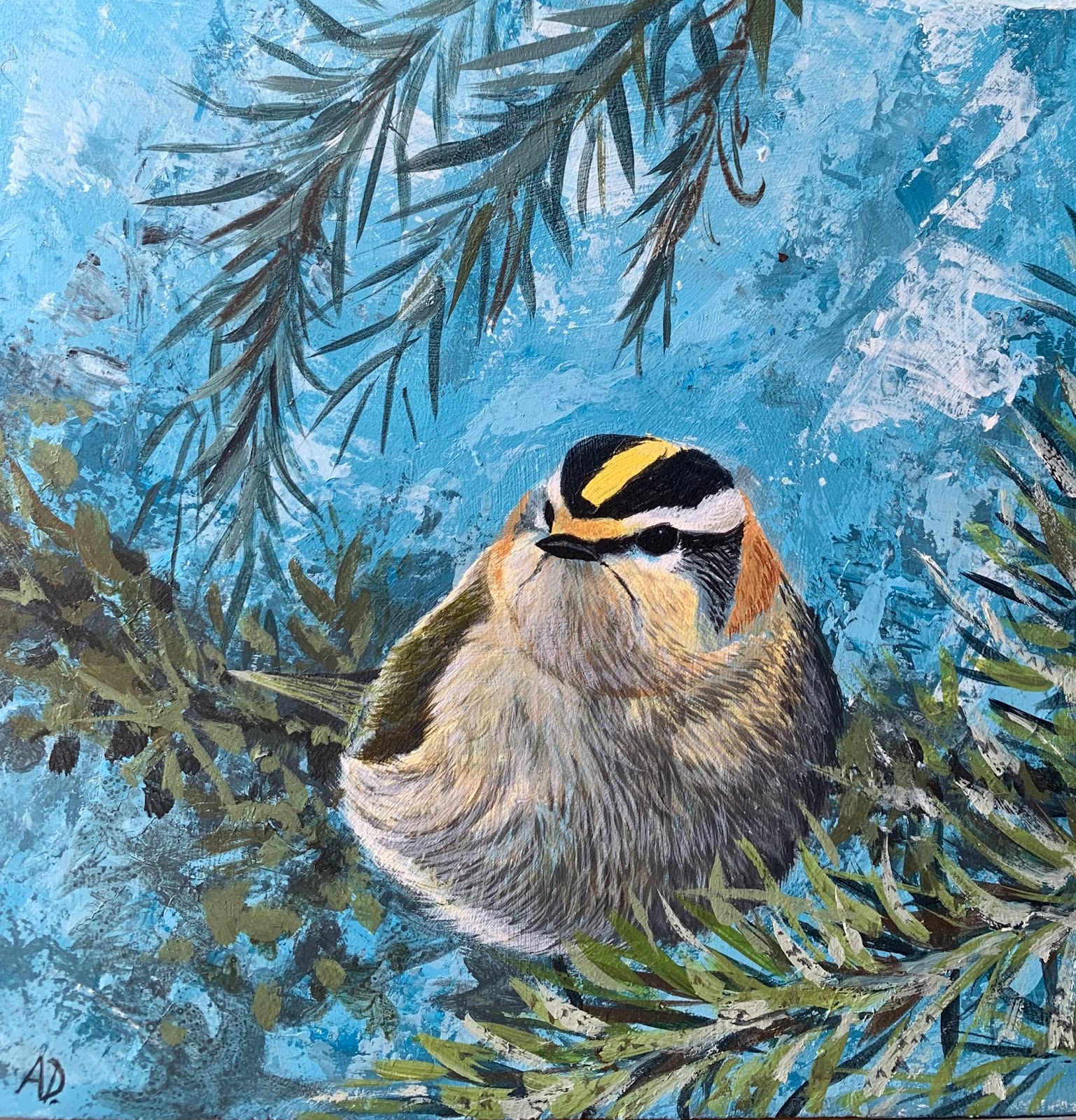 Blogbirder Firecrest; Acrylic Painting on Masonite Panel