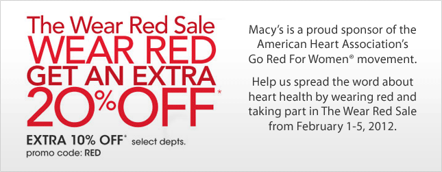 FREE IS MY LIFE: DISCOUNT: EXTRA 20% OFF during the Macy&#39;s Wear Red Sale 2/1 - 2/5