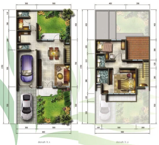 Denah rumah minimalis ukuran 8x17 meter 3 kamar tidur 2 lantai