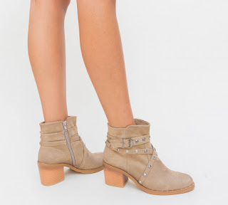 Botine Gerald Bej de zi cu toc din piele eco intoarsa Botine Gerald Bej de zi cu toc din piele eco intoarsa