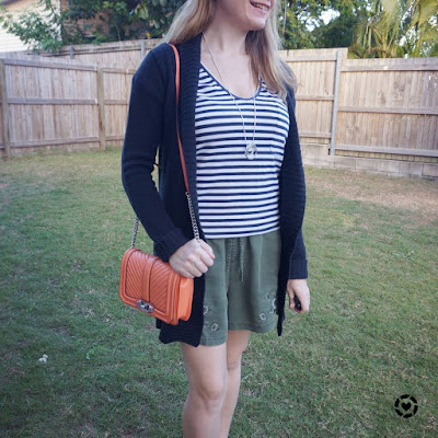 awayfromblue Instagram | black knit cardigan with striped tee olive shorts sneakers and rebecca minkoff small pale coral love bag