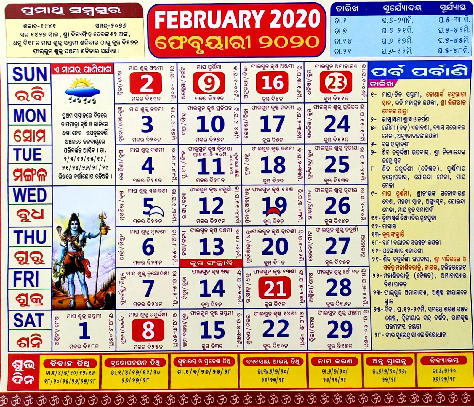 ଓଡ଼ିଆ ପଞ୍ଜିକା ୨୦୨୦ ଫେବୃଆରୀ Odia Calendar 2020 February