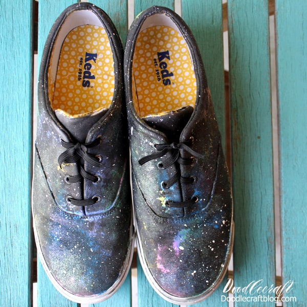 Paint some shoes to celebrate the 50th anniversary of the lunar landing on July 20th, 1969! These shoes are out of this world and look amazing. Painting shoes is simple and is a great way of upcycling old shoes with scuffs or stains.