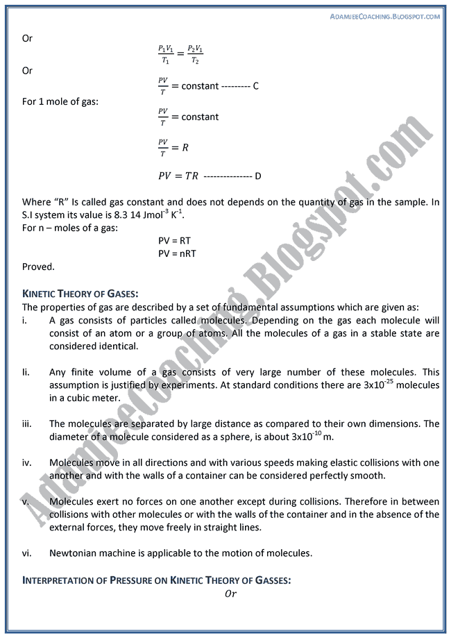 Adamjee Coaching Heat Theory Notes Physics XII