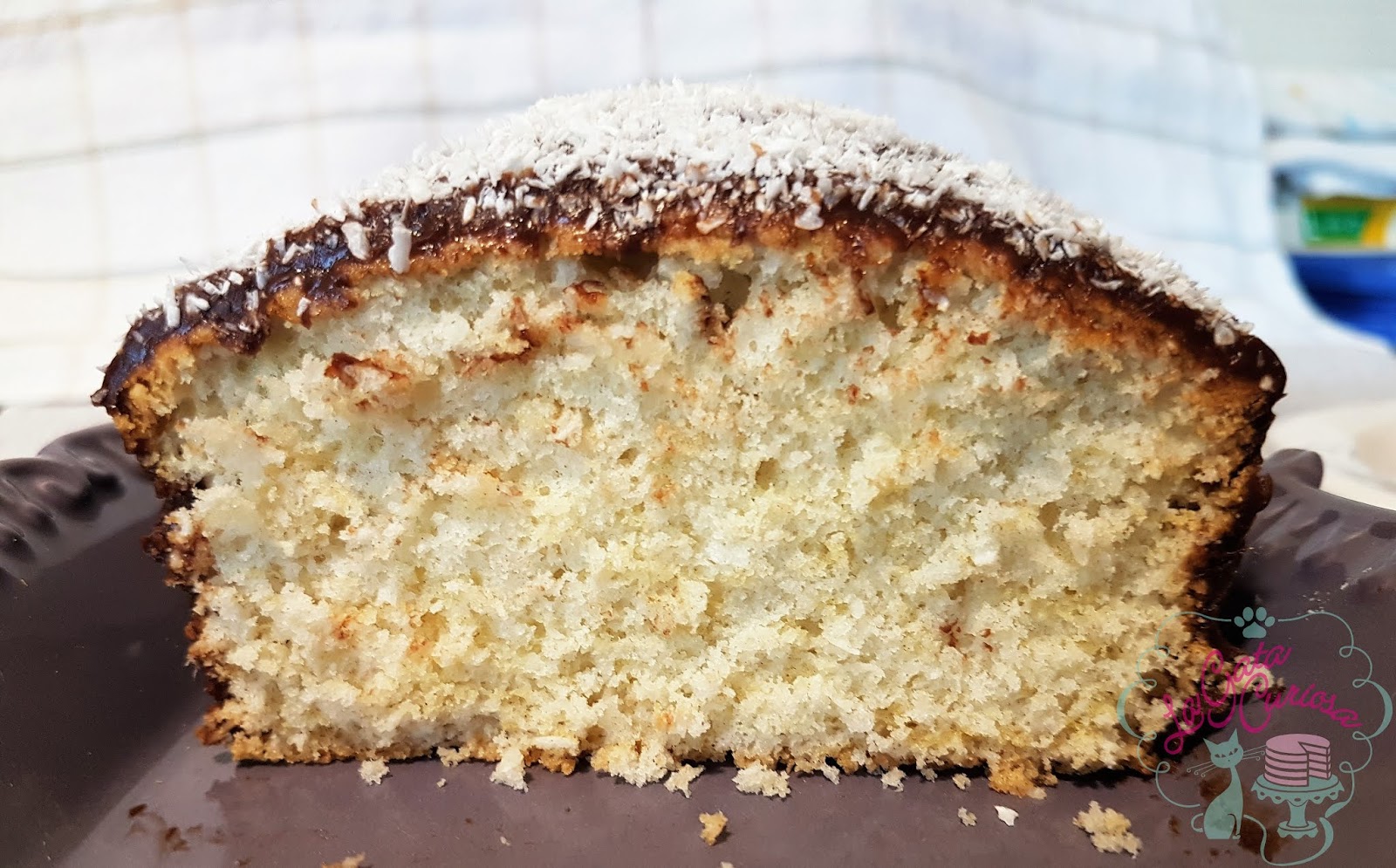 La Gata Curiosa: BIZCOCHO DE CLARAS CON COCO CUBIERTO DE CHOCOLATE