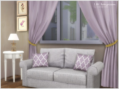 Lilit livingroom Гостиная "Лилит " для The Sims 4 Набор мебели и декора для гостиной в классическом стиле. 4 разных цвета дерева, ткани в мягких сиреневых и бежевых тонах. В набор входят 15 предметов: - 3-х местный диван (5 цветов) - 2-х местный диван (5 цветов) - Комод (4 цвета) - Стол кофейный (4 цвета) - Круглый столик (4 цвета) - Камин (3 цвета) - Настольная лампа (4 цвета) - Резные настенные часы (2 цвета) - настенное зеркало Cardev (2 цвета) - Двойные подушки для диванов (3 цвета) - Подушка (6 цветов) - пионы в вазе (3 цвета) - Коврик (6 цветов) - Картины (от 2 до 6 вариантов цвета) Автор: Severinka_