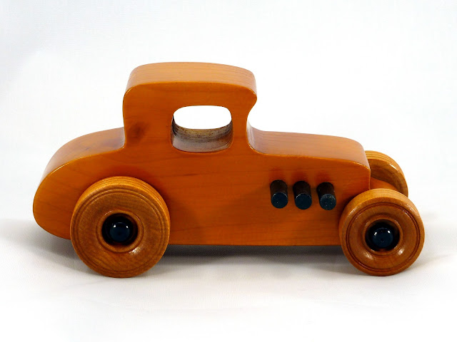Wooden Toy Car Hot Rod Freaky Ford 27 TCoupe Pine Amber Shellac Black Hubs