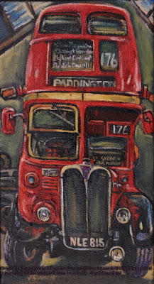 Plein air oil painting of the vintage red London 'AEC Routemaster' doubledecker bus at the Sydney Bus Museum by industrial heritage artist Jane Bennett