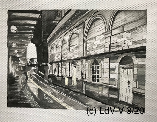 black and white gouache painting of Edinburg train station, artist Linzé Brandon, signed LdV-V