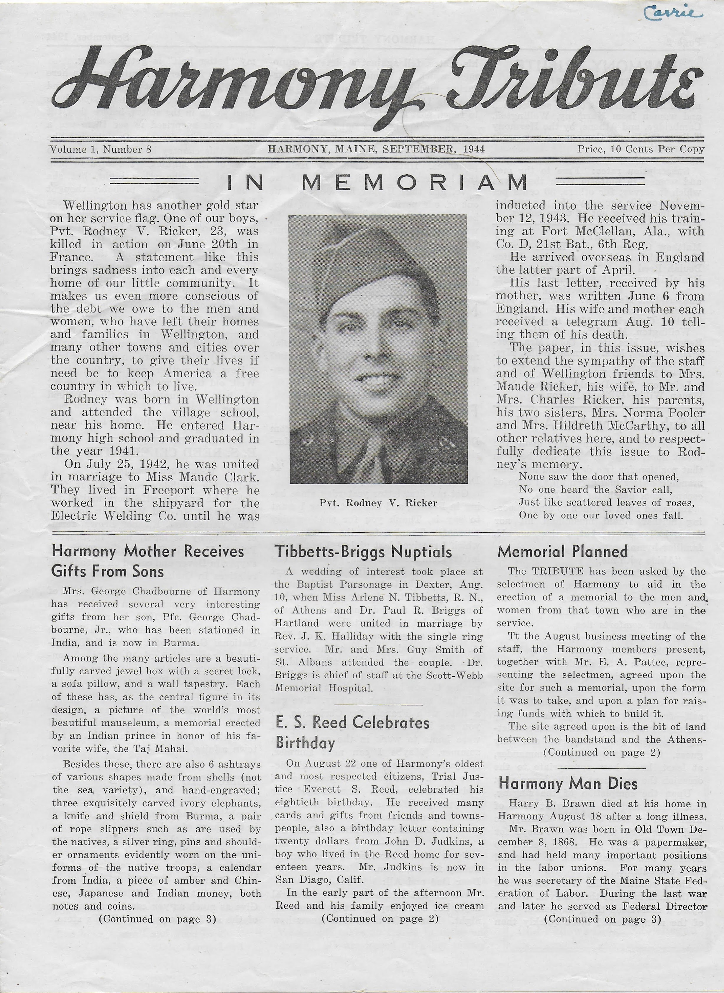 Heirlooms Reunited September 1944 Issue of the Harmony Tribute of