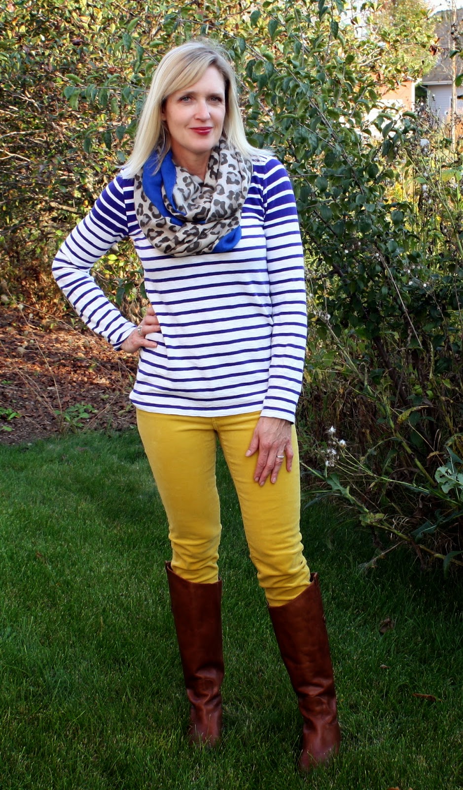 blue striped tee and mustard courdorys
