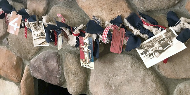 DIY Red, White and Blue Rag Garland with photos and cards
