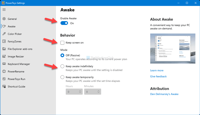 Awake PowerToys를 사용하여 컴퓨터를 깨우는 방법