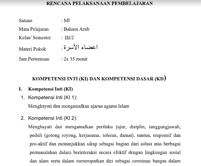 RPP Bahasa Arab Kls 3 MI Materi Anggota Keluarga Semester