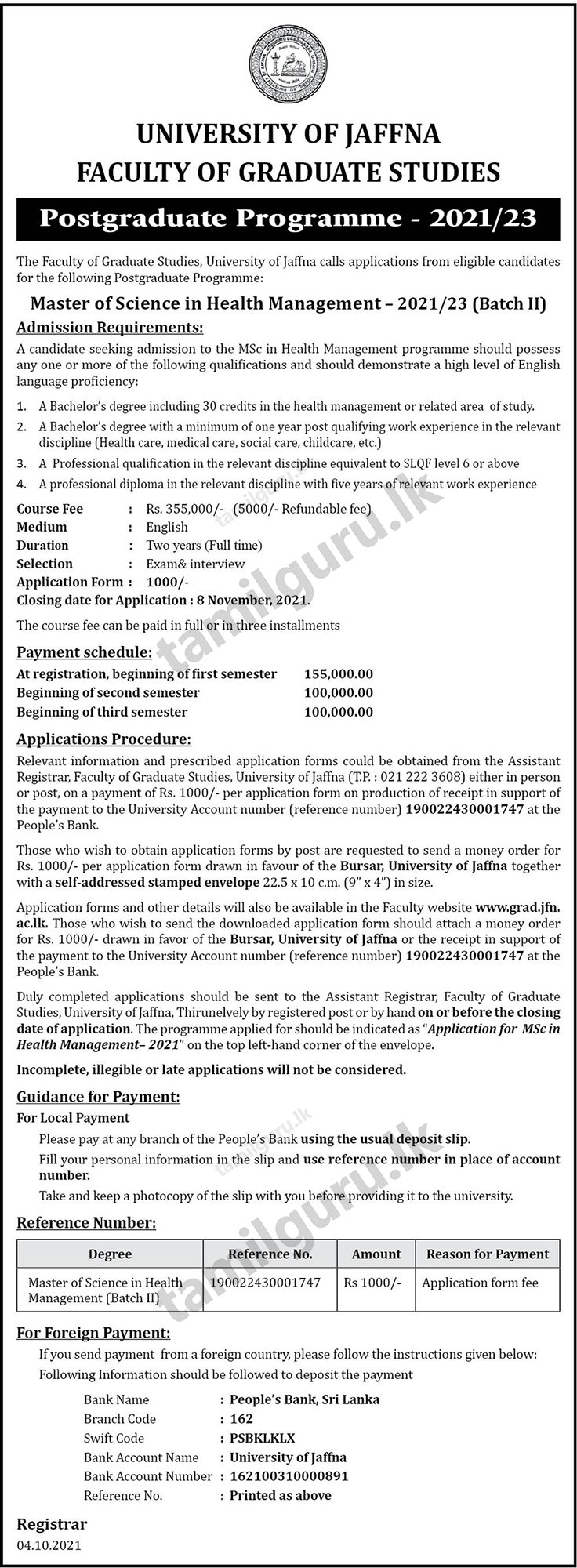 Master of Science (MSc) in Health Management 2021 - University of Jaffna