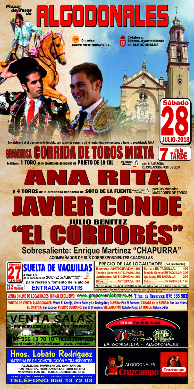 DE CATAFALCO Y ORO Algodonales tendrá una Gran Corrida de Toros Mixta, en la Feria en honor a