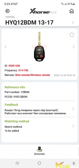 Generate Xhorse Remote for Toyota RAV4 2