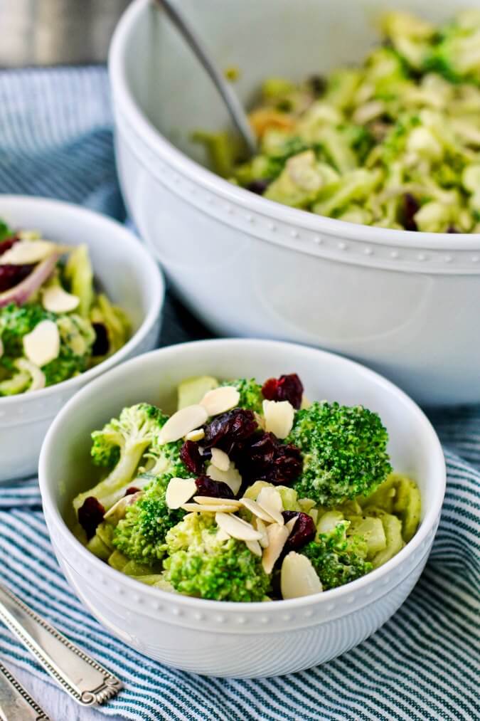 Broccoli Salad with Almonds, Cranberries, and avocado dressing