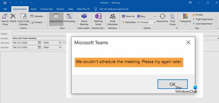 Outlook의 Teams에서 모임 오류를 예약할 수 없습니다.