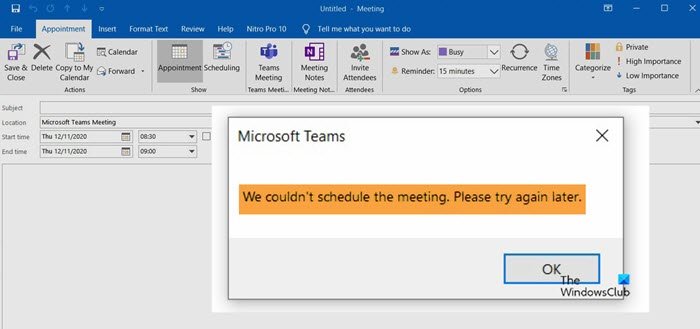 Не удалось запланировать ошибку собрания в Teams в Outlook