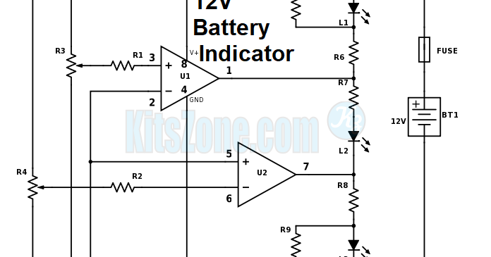 Battery Level Indicator Circuit Using Dual Op Amp Ic LM358 To Monitor