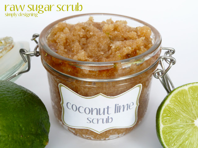 open jar of raw sugar scrub with decorative label that says coconut lime scrub