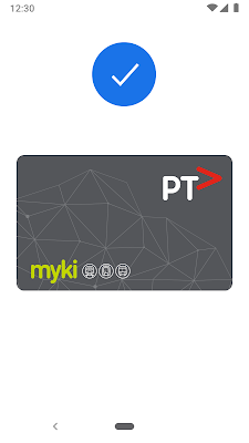 Google Pay screen showing a myki card successfully added