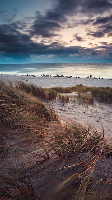 Quiet place, beach, sea, grass, sand, clouds, sky