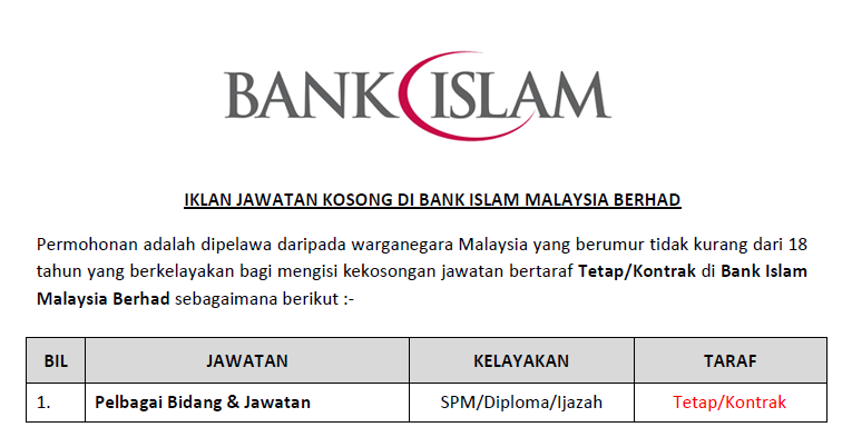 Jawatan Kosong Di Bank Islam Malaysia Berhad Kelayakan Spm Diploma Ijazah Ejawatankini Com