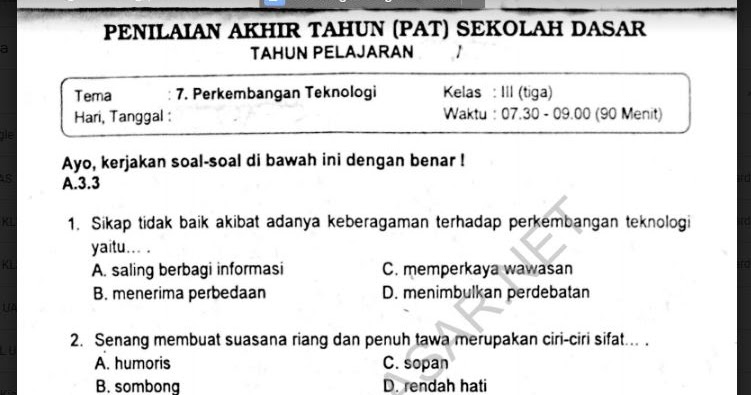 Soal Ulangan Semester 2 Kelas 3 Tema 7 Perkembangan Teknologi Sekolahdasar Net