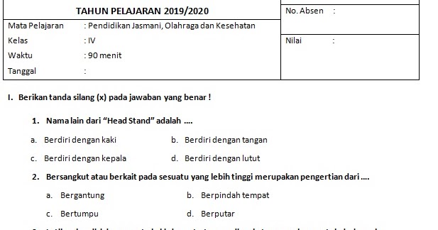 Soal penjas kelas 12 semester 1 essay