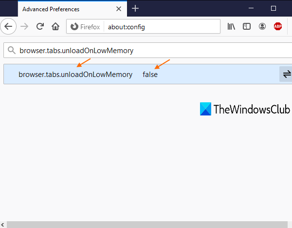 browser.tabs.unloadOnLowMemoryにアクセスし、その値をfalseに設定します