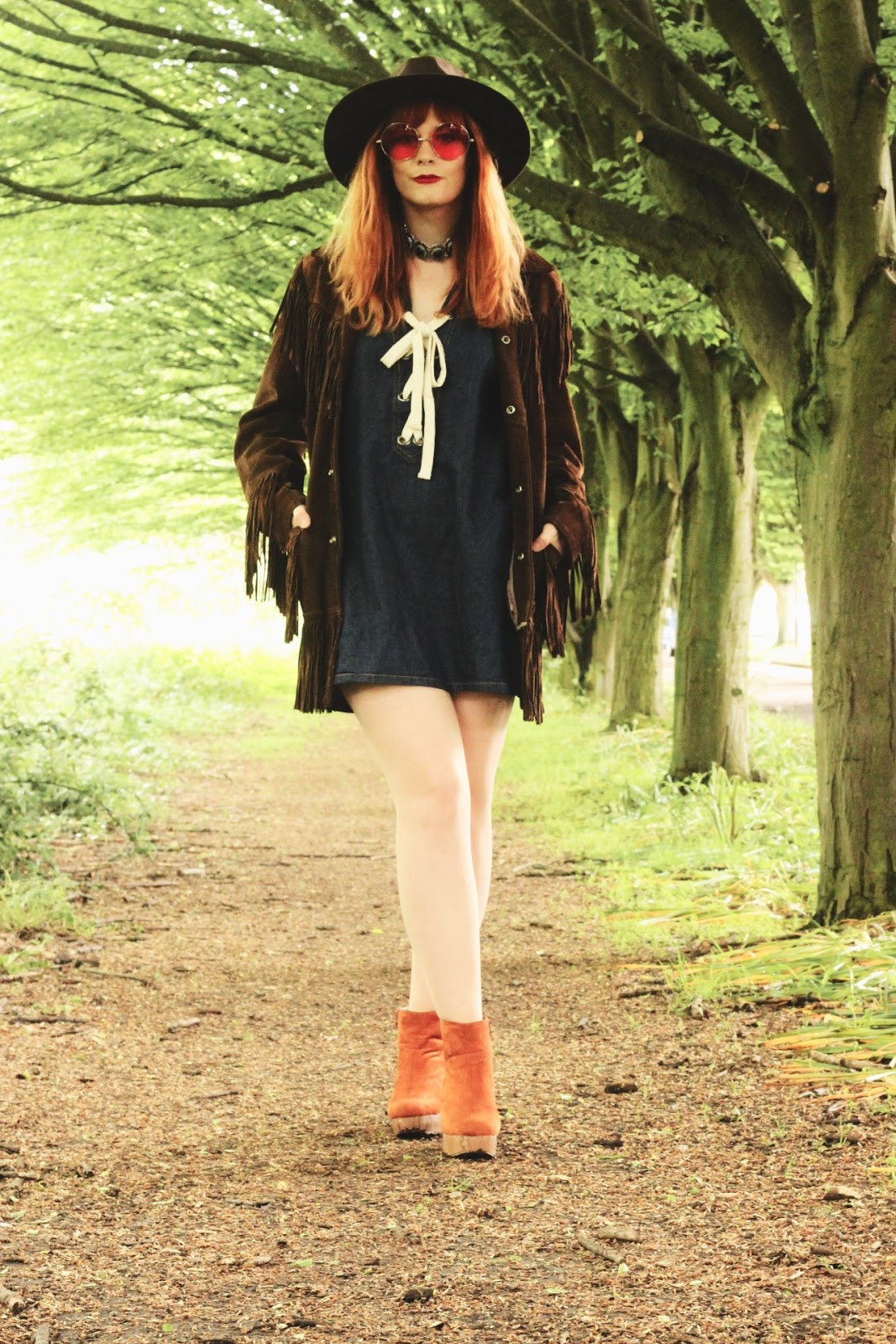 Vintage 70s Festival Outfit Suede Fringe Jacket Fashion Blogger