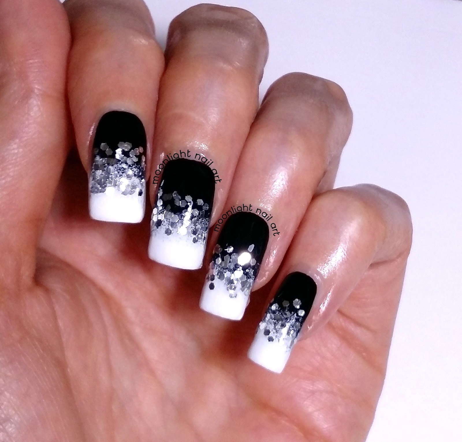 Easy Black and White Ombre Manicure with Silver Glitter
