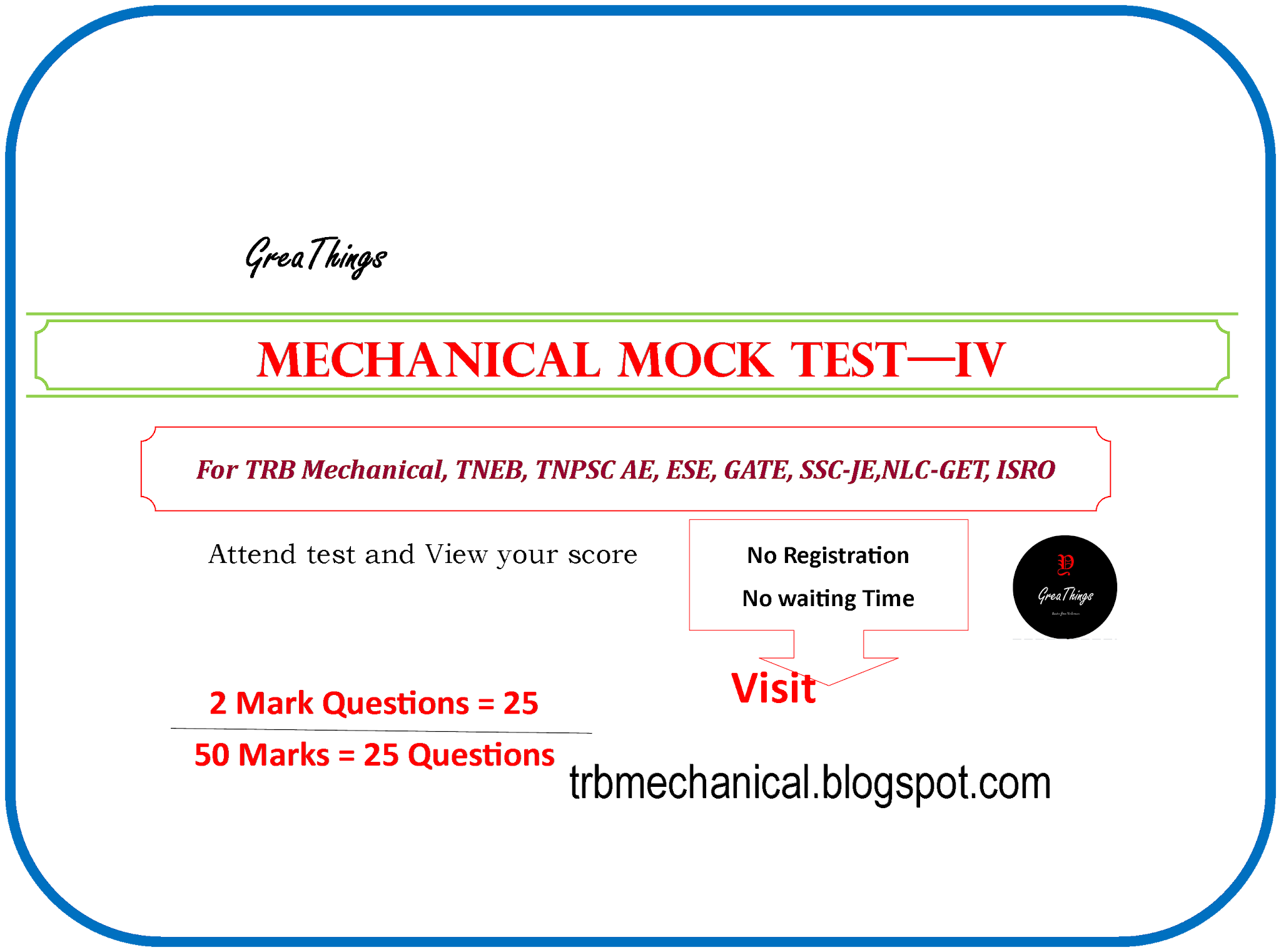 Mechanical Engineering TRB/TNEB Mechanical Mock Test IV TRB Mechanical GreaThings