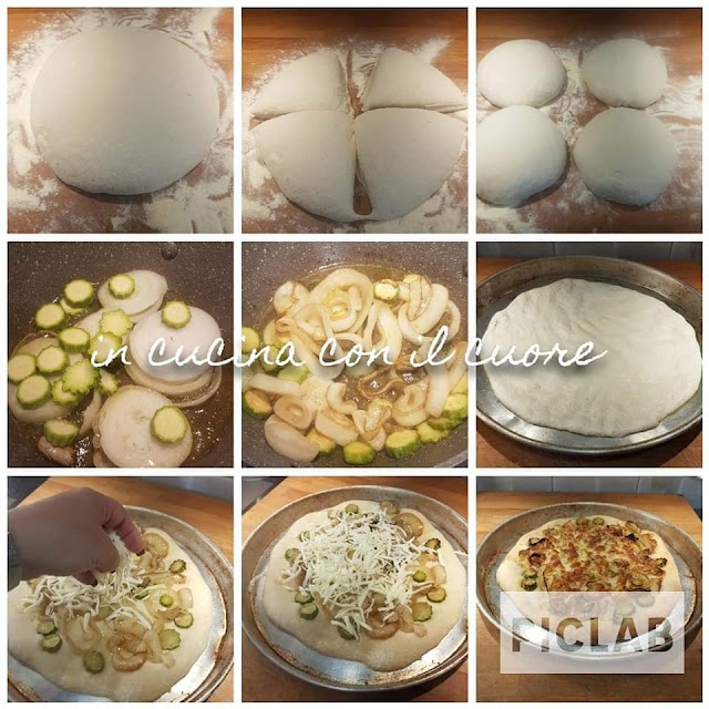 Cebollas para pizza, calabacines, flores de calabacín y provolone
