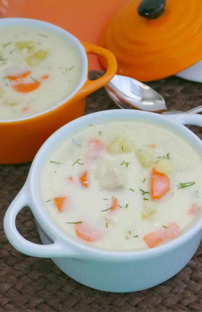 If you have leftover turkey after the holidays, give this delicious cream soup a try! The dill and cream cheese give this soup a unique flavor and the potatoes and carrots make it SO hearty! Also great with leftover rotisserie chicken!