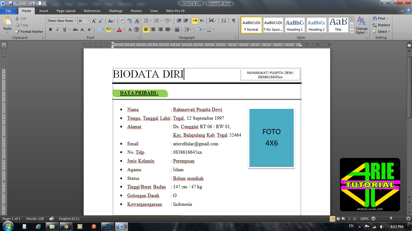 Download Contoh Biodata Diri Lengkap Word Arie Cellular