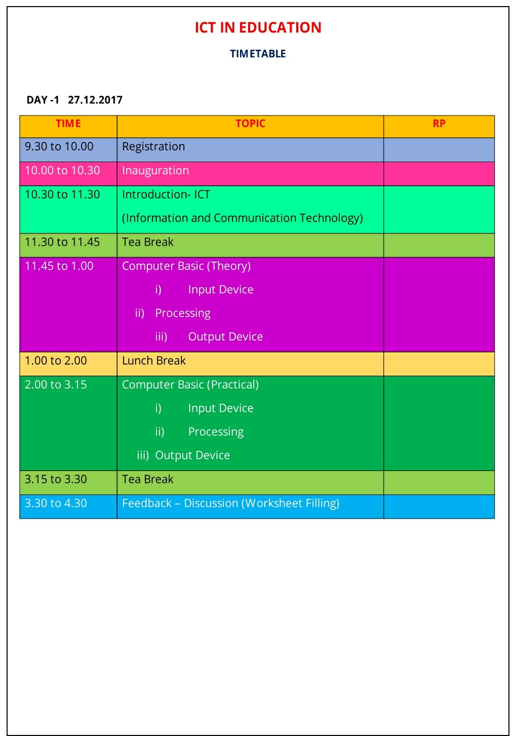 ICT 4 DAYS TRAINING TIME TABLE & SCHEDULE No.1
