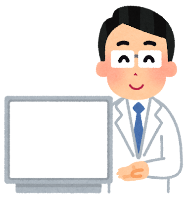 モニターを見せる人のイラスト(白衣・男性)