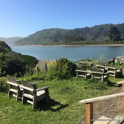 outdoor seating with Russian River view at Cafe Aquatica in Jenner, California