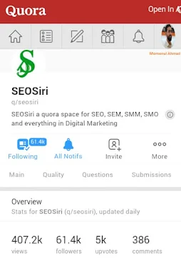 SEOSiri Quora Space Reached 400k Content Impressions