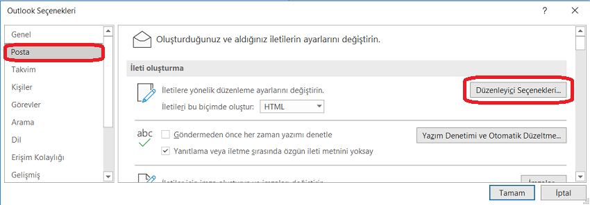 Outlook'ta Düzenleyici Seçenekleri