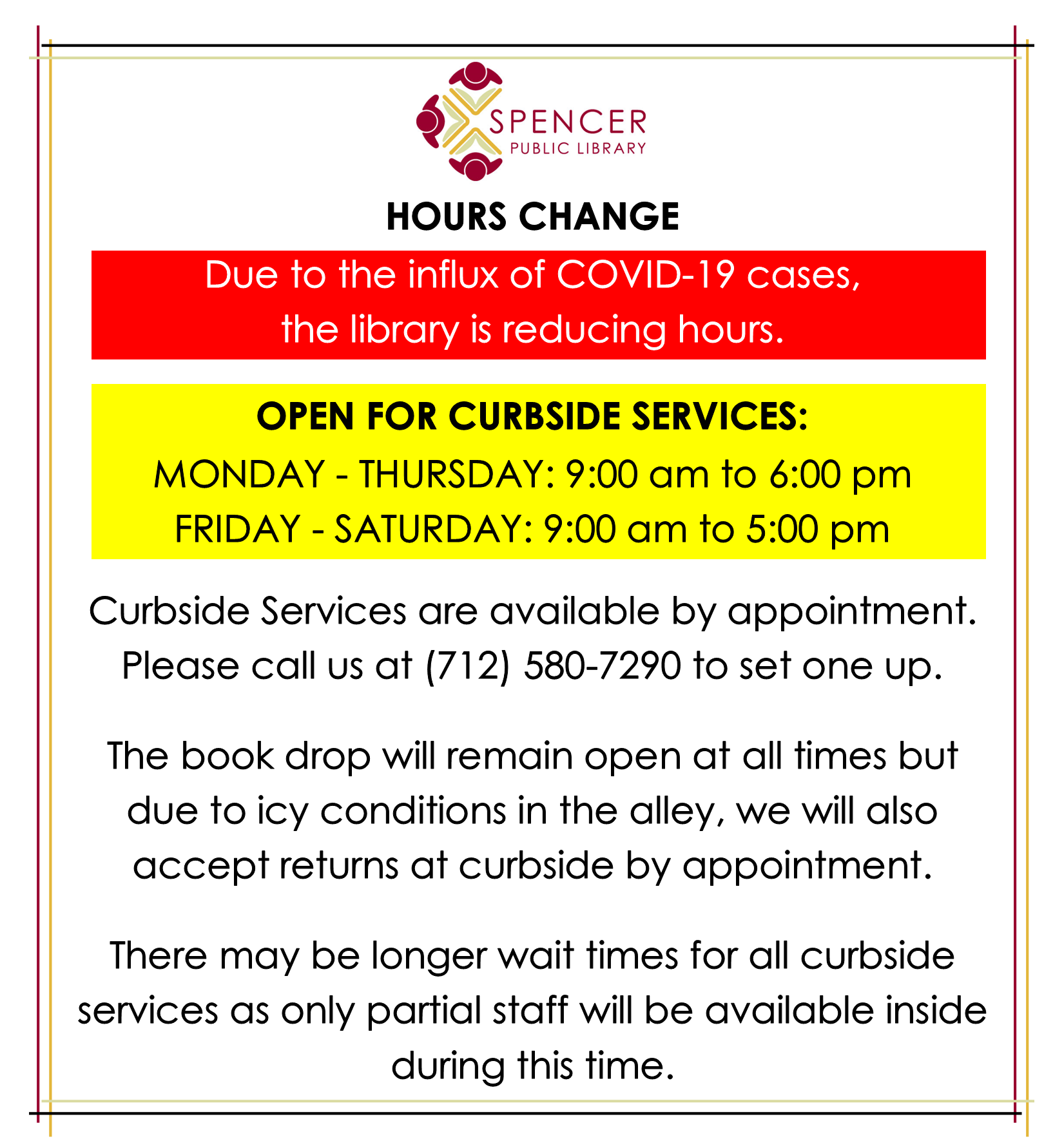 News at Spencer Public Library Library Hours Change